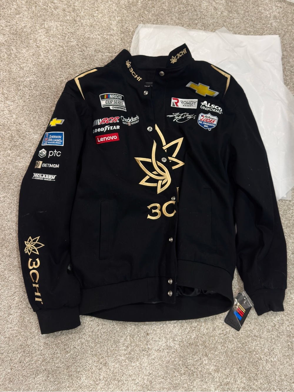 Kyle Busch Nascar Black Bomber Jacket with Gold Racing Logos